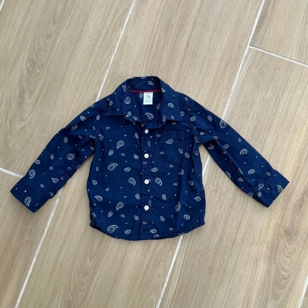 Carter's Size 18 Months Boys Button Down Shirt Bundle Navy & White Long Sleeves